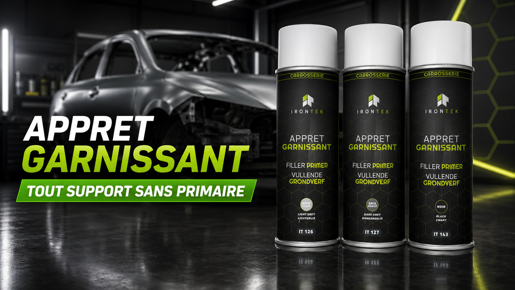 Apprêt garnissant IRONTEK IT126, IT127, IT143 : préparation carrosserie tout support sans primaire